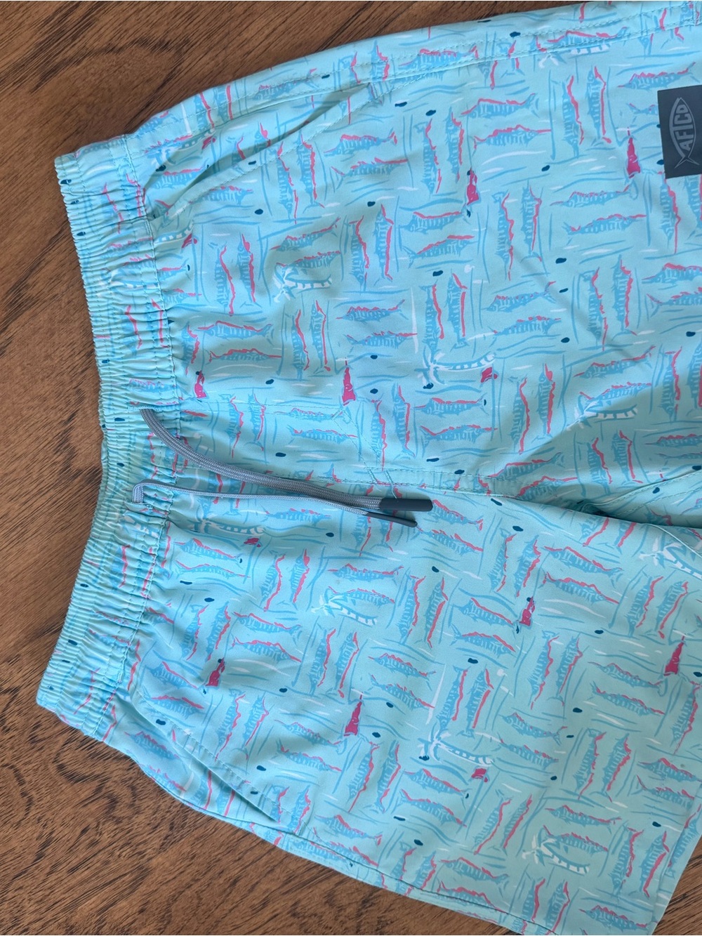 AFTCO Light Blue Kids' Fish-Print Swim Board Shorts with Pink Accents